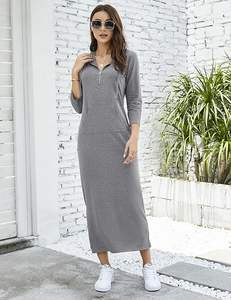 MISSKY Vestido maxi casual con capucha y cremallera de un cuarto, manga 3/4, ajustado, con abertura, para mujer - Product Image 5