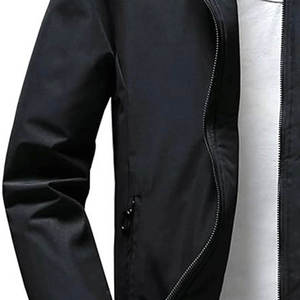 Men's Black Bomber Jacket Solid Colour <b>Covered</b> <b>Button</b> Closure Square Collar Casual Windproof Polyester Long Thin Embroidered - Product Image 5