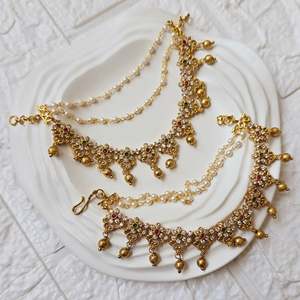 Champaswaralu Antique Gold Plated Fine Jewelry Set with Zircon and Pearl Earrings Oxidized Polish Finish Made in India - Product Image 1