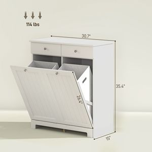 Mobiletto Portabiancheria Moderno Bianco Ecologico con 2 Cesti Ribaltabili e 2 Cassetti per Bagno o Cucina - Product Image 3