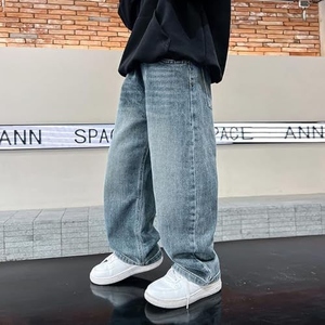 Jean décontracté ample pour homme, coupe droite, délavé à l'acide, multicolore, en denim vintage, design usé, tricoté pour le printemps - Product Image 3