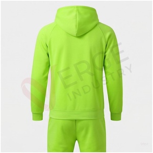 Ensemble de survêtement à capuche vert fluo pour homme, manches longues, fermeture éclair sur le devant, couleur unie, respirant, décontracté, pour l'automne, coupe classique - Product Image 2