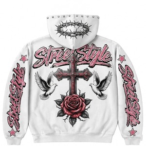 Custom Men White <b>Zip</b> Up Hoodie Pink Graphic Print Streetwear Casual Fashion <b>Hooded</b> Sweatshirt Long Sleeve For Unisex Wear - Product Image 2