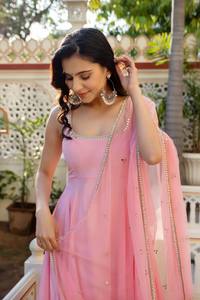 Moti Dori Natural Crepe Anarkali Dress With Mirror Work Georgette Veil And Cotton Pant Heritage Style Festive Ensemble - Product Image 4