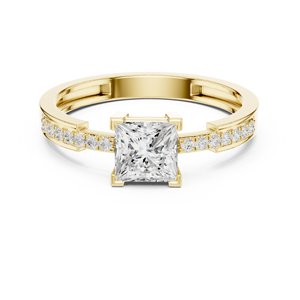 Bague de fiançailles en or jaune avec diamant de laboratoire taille princesse et accents pavé pour femme, alliance solitaire moderne, cadeau - Product Image 4