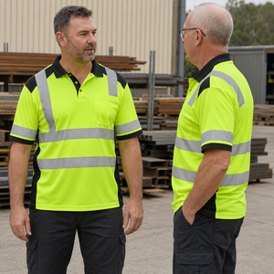 Polo de travail jaune haute visibilité réfléchissant avec bordure noire et poche poitrine, espace pour logo personnalisé - Product Image 6