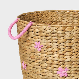 KV NATURAL HOME Floral Embroidered Eco-Friendly Water Hyacinth Rattan <b>Basket</b> Handles Open Top Woven Multifunction <b>Toy</b> <b>Storage</b> - Product Image 2