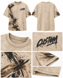 T-shirt Unisexe Oversize Personnalisé en Gros 240 GSM Kaki Beige Délavé à l'Acide avec Imprimé Éclaboussures de Peinture Effet Pinceau Streetwear - Product Image 6