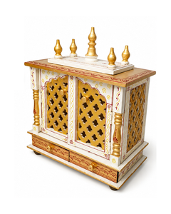 Temple hindou artisanal en bois blanc et doré, décoration intérieure par The D.N.A Group, élégante décoration de salon, armoire de prière avec porte. - Product Image 3