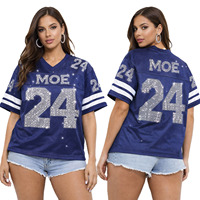 Maillot de football américain bleu tendance pour femme, en maille ornée de strass, col en V, argenté, scintillant, style streetwear décontracté pour femme