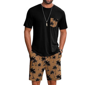 Breathable casual outfit <b>Knitted</b> solid color <b>set</b> Summer comfort wear Crew neck t-shirt shorts Comfortable men's <b>set</b> - Product Image 2