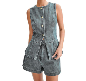 Men's Denim Sleeveless Vest With Shorts <b>Set</b> Casual Solid Color Washed Cotton Woven Summer Wear Plus Size Men's <b>Sets</b> - Product Image 1