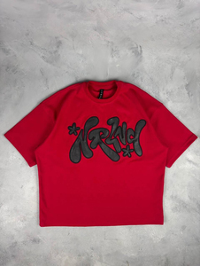 <b>Red</b> <b>Oversized</b> Men's T-<b>Shirt</b> With Black Letter Pattern Front Print Short Sleeve O-Neck Street Style Jersey Fit for low prices - Product Image 1