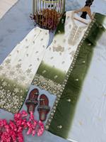 Ensemble haut, pantalon palazzo et dupatta en georgette brodée, deux tons blanc et vert, avec travail de diamants Jarkhan, tenue ethnique pour soirée.