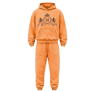 Conjunto Deportivo para Hombre, Color Naranja Lavado al Ácido, 100% Algodón, 480 gsm, Alta Calidad, con Pedrería, Pantalones Largos con Cordón Ajustable, Ropa Casual - Product Image 3