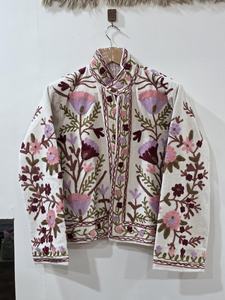 Veste en coton brodée de fleurs, col mandarin, manches longues, style Prairie Chic, faite à la main, pour femme, bleue - Product Image 5
