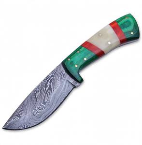 Cuchillo de acampada de primera calidad con hoja de damasco de punta caída, herramienta multiusos de alta resistencia, mango de madera y hueso verde de espiga completa. - Product Image 6