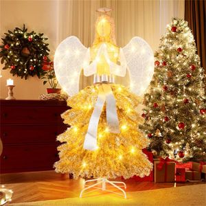 Albero di Natale a forma di angelo personalizzabile da 1,57 m preilluminato con 150 LED bianco caldo, design oro/bianco, figura d'angelo e foglie scintillanti - Product Image 6