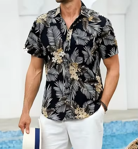 Chemise hawaïenne à manches courtes pour homme, imprimé floral, noire, respirante, 100% coton, vêtements de vacances, col en V, style estival, séchage rapide - Product Image 2