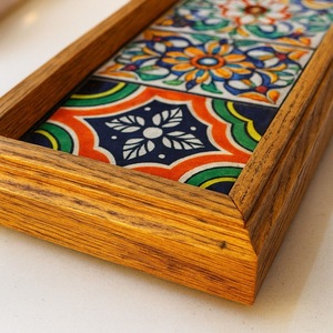 Rectangular Wooden Serving Tray With Mediterranean <b>Tile</b> Design For <b>Table</b> Decor - Product Image 2