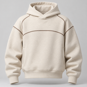 Sweat à capuche crème beige avec surpiqûres contrastées, design minimaliste, poches latérales, coupe décontractée, vente en gros - Product Image 1