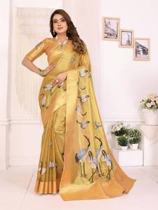 crane bird print soft silk <b>saree</b> with golden zari border luxury party wear designer <b>saree</b> with <b>blouse</b> - Product Image 1