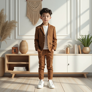 ชุดสูทเด็กผู้ชายสีน้ำตาล 2 ชิ้น เสื้อเบลเซอร์และกางเกง ชุดลำลองสำหรับงานแต่งงาน งานเลี้ยง และงานพิธีการ - Product Image 1