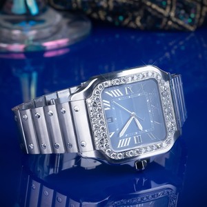 Reloj de Lujo Clásico ETA Automático Cuadrado Analógico de Acero Inoxidable con Incrustaciones de Diamantes para Hombre, Esfera Azul con Moissanita VVS, Personalizado Estilo Hip Hop con Fecha - Product Image 2