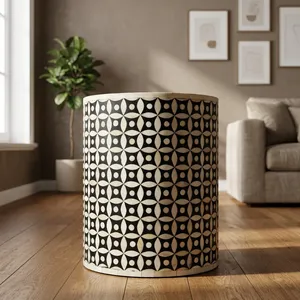 Handcrafted Bone Inlay Drum <b>Side</b> <b>Table</b> <b>Round</b> Accent End <b>Table</b> Decorative Modern Living Room Bedroom Furniture ContemporaryDesign - Product Image 3