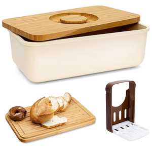 Versatile <b>Plastic</b> Bread Box with Bamboo Lid & Slicer - Food Safe Bread Keeper Container with Built-in Cutting Board Lid - Product Image 1