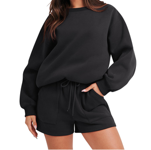 Nueva Llegada, Conjunto de Dos Piezas de Invierno para Mujer, 100% Algodón, Talla Grande, Hombros Caídos, Manga Larga, Sudadera con Cuello Redondo y Pantalones Cortos con 2 Bolsillos Laterales - Product Image 5