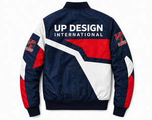 เสื้อแจ็คเก็ตบอมเบอร์แบบสั่งทำสำหรับผู้ชาย, เสื้อกันลมน้ำหนักเบา, ดีไซน์สีตัดต่อ, คอเสื้อแบบริบ, กระเป๋าซิป และโลโก้ - Product Image 4