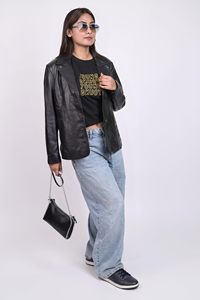 Veste en daim pour femme, style motard, veste de moto, veste noire streetwear à fermeture éclair pour femme - Product Image 5