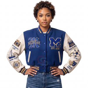 Womens High Street Style Varsity <b>Jackets</b> Wool <b>Leather</b> Sleeve Casual Custom Logo Sportswear College Baseball lady crop <b>Jackets</b> - Product Image 4