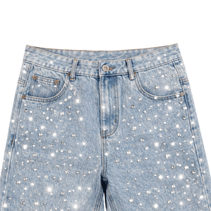 Pantalones Cortos de Mezclilla Personalizados para Hombre, Estilo Urbano Y2K, Corte Vaquero Lavado al Ácido, con Cristales de Diamante y Pedrería, Transpirables - Product Image 3