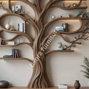 Luxury Handcrafted <b>Solid</b> <b>Wood</b> Tree Shaped Wall Mounted Floating Bookshelf Artistic Display Rack - Product Image 3