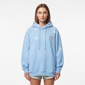 Sweat à capuche en coton pour femme avec strass étincelants, doublure tricotée, coupe oversize, bleu clair, mode hiver, streetwear décontracté, pull - Product Image 1