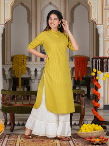 คอตตอนลายทางพิมพ์ลายสีทอง เสื้อคุर्ตาทรงตรง สีเขียว เสื้อผ้าผู้หญิงสไตล์ชาติพันธุ์แบบดั้งเดิม ลำลอง สำหรับฤดูร้อน แห้งเร็ว ป้องกันแสงแดด - Product Image 4