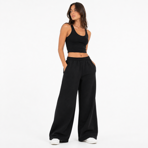 Pantalones Deportivos Casuales de Felpa para Mujer, Corte Regular, Pierna Ancha, Frente Plano, Poliéster/Algodón, Color Sólido, Marca Personalizada, Venta al Por Mayor - Product Image 5
