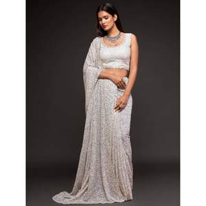 ชุดส่าหรีประดับด้วยเลื่อมสีขาวมุกสวยงามสำหรับงานปาร์ตี้ - Product Image 5