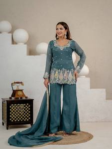 Heavy Crunchy Silk Embroidered Kurti Palazzo Dupatta Set for <b>Women</b> Ready to Wear Indian Ethnic Party Wear <b>Suit</b> - Product Image 3