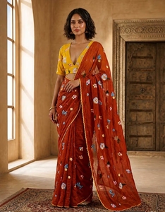Sari en Chanderi brodé KV Festive Bloom avec blouse non cousue - Product Image 6