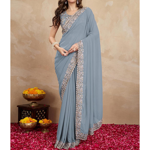 Sari pour femme personnalisé avec broderies de luxe, bordures décoratives, options de couleurs personnalisées et style sophistiqué pour les tenues ethniques - Product Image 1