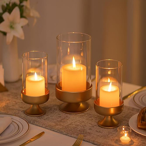 <b>Candle</b> Holders for Pillar <b>Candles</b> Gold <b>Large</b> Holders with Hurricane Glass Sleeve for Outdoor Brass Stands Set of 3 for Fireplace - Product Image 3