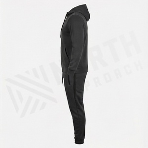 Men's Black Hooded Tracksuit Full <b>Zip</b> Sweatshirt With Side <b>Pockets</b> Casual Solid Color Fleece <b>Joggers</b> Set Autumn Wear - Product Image 3