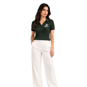 Elegant <b>Womens</b> Dark Green Ribbed Knit <b>Polo</b> <b>Shirt</b> with Embroidered Logo and <b>White</b> Wide Leg Trousers Smart Casual Office OutfitSet - Product Image 5