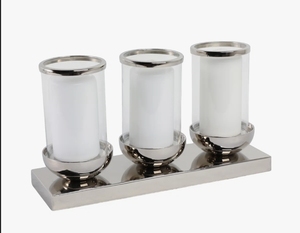 Base en métal nickel argenté de luxe avec 3 porte-bougies cylindriques en verre transparent amovibles pour centre de table moderne et élégant - Product Image 2