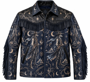 Veste en cuir à franges imprimée Cosmic Gunslinger pour homme, en cuir de vachette bleu marine, style western, fournisseur direct d'usine - Product Image 1