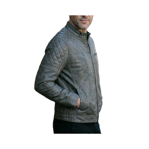 Heritage <b>Men's</b> Cafe Racer Quilted Leather <b>Jacket</b> in Distressed Grey - Product Image 4