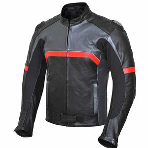 <b>Men's</b> Black Red Color Blocked Faux Leather Vintage Motorcycle <b>Jacket</b> Full Sleeve Zipper Closure Fitted Breathable Stand Collar - Product Image 4